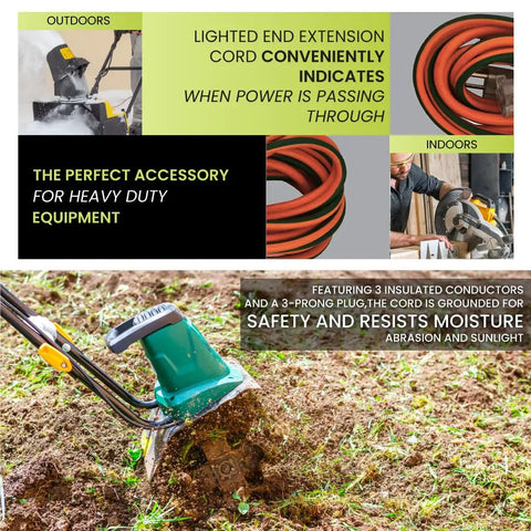 100 Foot 12/3 SJTW Outdoor Extension Cord With Lighted End Orange Heavy Duty Contractor Grade Moisture Resistant And Abrasion Resistant