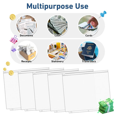 36 Pack Letter Size Binder Pockets With Zipper Pouch Waterproof PVC for organizing documents, cash, cards, receipts, stationery, travel docs