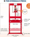 Heavy Duty H Frame Hydraulic Shop Press With Adjustable Table Red Garage Floor Press dimensions and details for bending steel and pressing bearings.