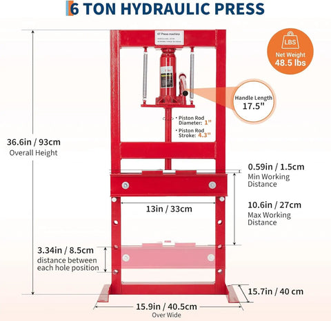 Heavy Duty H Frame Hydraulic Shop Press With Adjustable Table Red Garage Floor Press dimensions and details for bending steel and pressing bearings.
