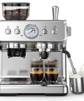 Prosumer Espresso Machine With Built In Grinder Featuring 20 Bar Pressure Thermoblock Heating Keeps Temperatures Rock Solid Integrated Milk Frother For Rich Foam Silver brewing espresso with dual shots.