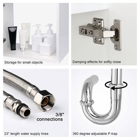 Compact 16 Inch Wall Mounted Bath Vanity With Sink Combo White Cabinet Set Chrome Faucet Pop Up Drain U Shape Drain storage and piping details