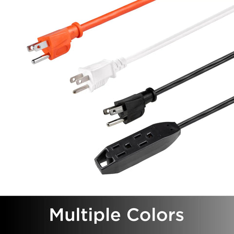 Different colors of the Beefy Triple Outlet 15 Ft Indoor Extension Cord 16 Gauge Grounded Power Strip With Three Prong Outlets ETL Listed.