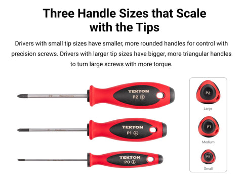 Phillips Screwdriver Set With 4-Inch Shanks, Four-Piece Kit, showing three red-handled drivers with size labels and grip design.
