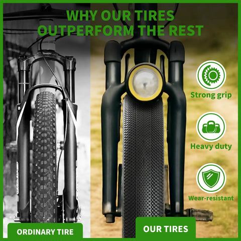 Comparison of ordinary tire and "Beefy Fat Tire Upgrade Kit 26x4.0 4 In 1 Replacement Set With Puncture Resistant E Bike Tires Heavy Duty Inner Tube Rim Strips And Tire Levers For Fat Bikes And Beach Cruisers" highlighting strong grip, heavy duty, and wear-resistant features.