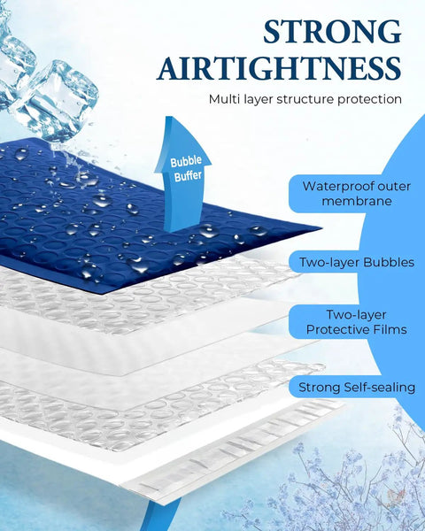 Blue 4x8 Bubble Mailers 100 Pack Self Seal Padded Envelopes Usable 4x7 Inner Size showing multi-layer structure for shipping