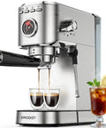 Top Tier 20 Bar Espresso Machine With Built In Milk Frother And Sleek Stainless Steel Build, compact home coffee maker brewing espresso.