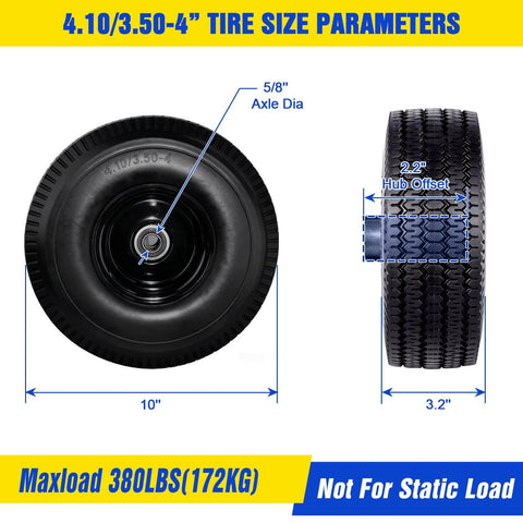 Solid Tire Set For Hand Trucks And Wheelbarrows With Ten Inch Flat Free Tires Size Four Point One Zero By Three Point Five Zero Four Five Eighths Inch Axle Bore Two Point Two Inch Hub Offset Includes Adapter Kit Two Pack, showing front and side view with dimensions.