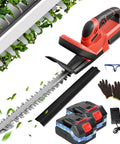 22 Inch Cordless Hedge Trimmer with Double-Action Blade, 24V Battery-Powered Yard Pruner, accessories and charging unit.