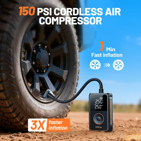 Cordless Tire Inflator Portable Air Pump Kit With Large Digital Display Fast 1 Minute Inflation 150 PSI