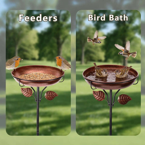 Built To Last Heavy Duty Metal Bird Bath For Outdoors Weatherproof Detachable Design in retro bronze with birds feeding and bathing