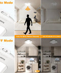 Battery Powered Motion Sensor Ceiling Light 180 Lm 6000K Cool White 48 LED Wireless Closet Lights With Auto On When Motion Is Detected In Dark Environments Great For Pantry Cabinets Shed Two Pack in operation showing auto and off modes in room settings