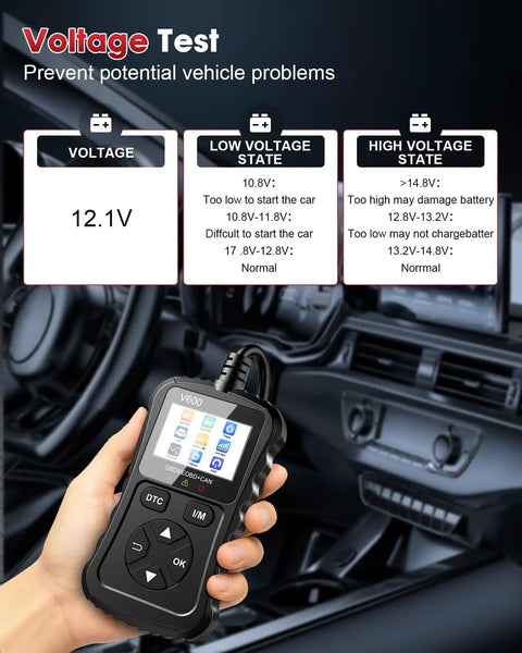 OBD2 Scanner Car Code Reader With Voltage Test Plug And Play CAN Diagnostic Tool showing voltage test in car interior.