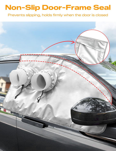 Portable Car Window Air Conditioner Kit With Magnetic Seal And Rainproof Drawstring No Fuss Tool Free Install Fits Most Sedans SUVs And MPVs Like CRV SRV Blocks Hot Air And Keeps Your Cabin Cool On The Go installed on a car