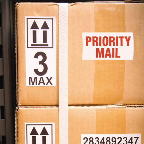 Stack of cardboard boxes labeled 'Priority Mail' and '3 Max' on a shelf, suitable for office shipping and mailouts.