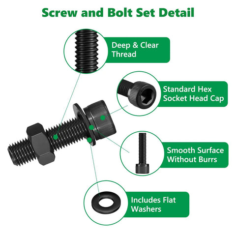 178 Piece M6 12.9 Grade Black Steel Socket Cap Screws Nuts Washers Kit for Heavy Duty Projects, High Torque Fasteners to Prevent Screw Head Strains, All in One Durable Fastener Set for Builders and Gearheads, black steel bolt thread detail