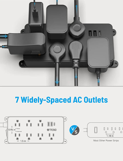 2 Prong To 3 Prong Power Strip With 7 Widely Spaced Outlets And 3 USB Ports Including USB C 5 Foot Extension Cord Wall Mountable
