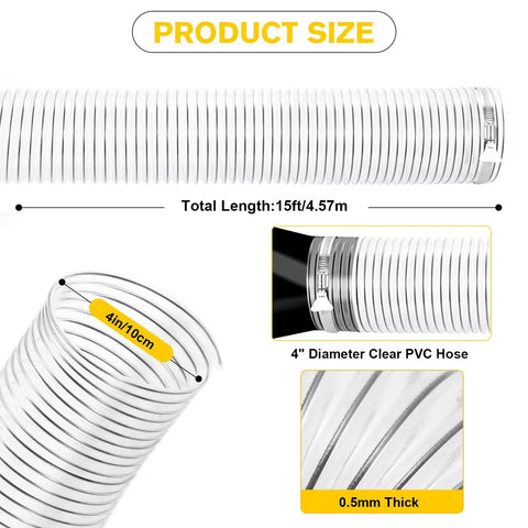 Clear PVC Dust Collection Hose 4 Inch Diameter 15 Feet Long Flexible Tube With Black Wire Reinforcement And 304 Stainless Steel Hose Clamps