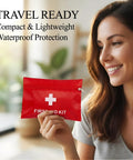 Woman holding one red pouch from 12 Pack Empty First Aid Kit Bags Bulk Set For DIY Emergency Supplies Water Resistant Travel Medical Organizer Pouches In Red 11x16cm Ideal For Home Car Office Camping Outdoors Bag Only