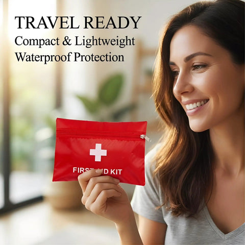 Woman holding one red pouch from 12 Pack Empty First Aid Kit Bags Bulk Set For DIY Emergency Supplies Water Resistant Travel Medical Organizer Pouches In Red 11x16cm Ideal For Home Car Office Camping Outdoors Bag Only