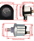 Front view: 52mm oil pressure gauge with black dial on instrument rack; side view: metal sender with threaded stud.