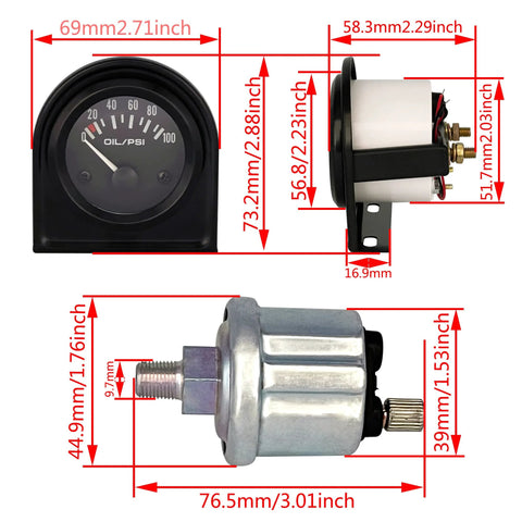 Front view: 52mm oil pressure gauge with black dial on instrument rack; side view: metal sender with threaded stud.