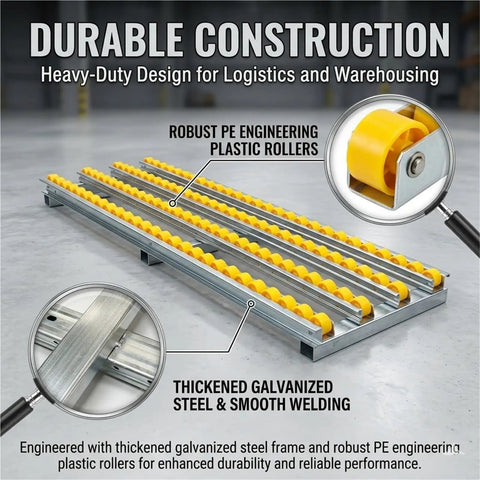 Heavy Duty Gravity Roller Conveyor with durable PE engineering plastic rollers for efficient freight handling.
