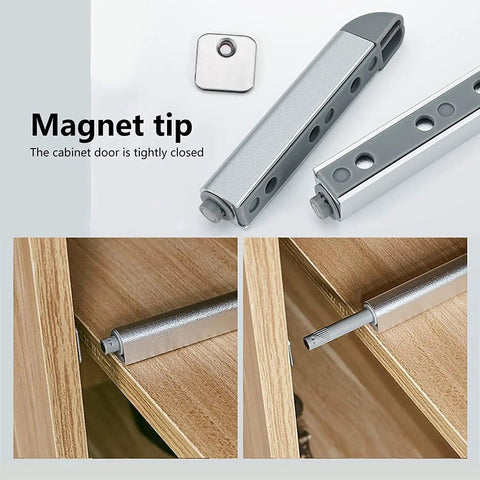 Push To Open Cabinet Latch Kit With Magnetic Door Catch And Drawer Closer, silver latch with magnetic tip on wood cabinet