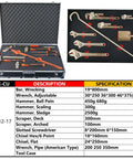 Non Sparking Tool Set 17 Piece With Adjustable Wrenches, Hammers, Pliers, Prying Bar, Scrapers And Screwdrivers displayed in case