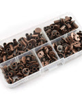 75 Piece Red Bronze Chicago Bindery Screw Assorted Kit in clear organizer, featuring various sizes and styles for leather art DIY projects.