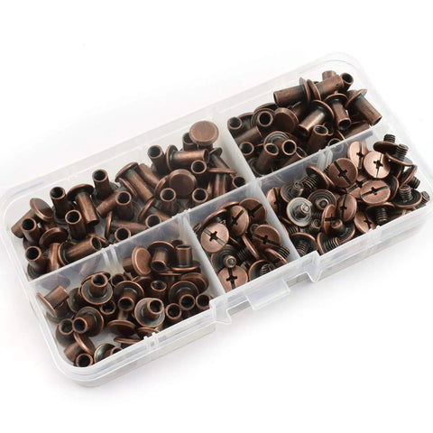 75 Piece Red Bronze Chicago Bindery Screw Assorted Kit in clear organizer, featuring various sizes and styles for leather art DIY projects.