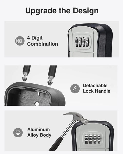 Resettable Combination Key Lock Box with 4-digit code and detachable handle, aluminum alloy body for secure key storage.