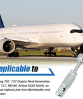 Aircraft tire valve stem removal tool with safe air release, suitable for airplanes like Boeing 757, 737 and Airbus A320 visible.