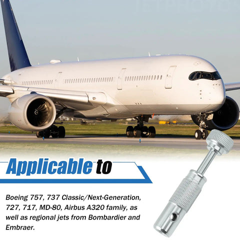 Aircraft tire valve stem removal tool with safe air release, suitable for airplanes like Boeing 757, 737 and Airbus A320 visible.