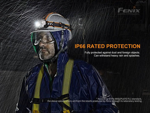 Person wearing HP25R V2.0 Headlamp With 1600 Lumen Spotlight, 400 Lumen Floodlight, IP66 waterproof in heavy rain