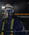 Man wearing HP25R v2.0 USB C Rechargeable Headlamp Bundle with Backup Battery in heavy rain, showcasing IP66 protection.