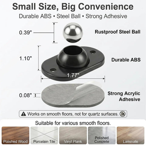 Peel And Stick Caster Wheels For Couches And Coffee Makers 360 Smooth Swivel Silent Rollers In Black Heavy Duty 8 Pack, showing durable ABS base with steel ball and adhesive.