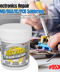 No Clean Solder Paste Flux For Electronics Repair, jar front view with person soldering PCB, 3.2oz