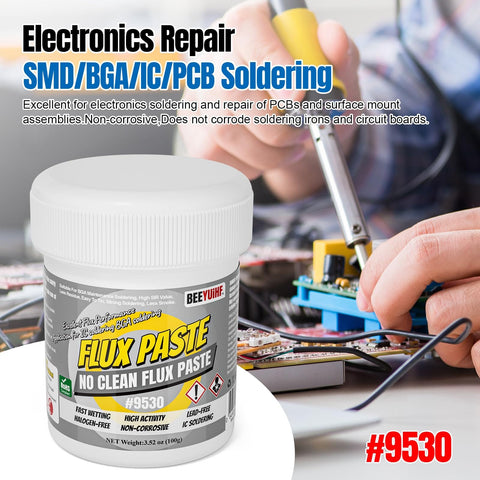 No Clean Solder Paste Flux For Electronics Repair, jar front view with person soldering PCB, 3.2oz