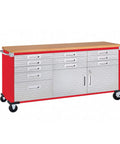 Ultra HD Heavy Duty Rolling Cabinet Workbench With Solid Wood Top 11 Drawer Mobile Workshop Table For Garage Warehouse Or Office 77 Inch Wide 20 Inch Deep 37.5 Inch High Red Finish Industrial Steel Construction With Locking Wheels
