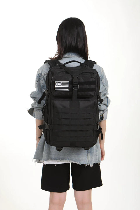 Person wearing All Day Ready 45L Nylon Waterproof Tactical Backpack For Fishing, Hunting, Hiking, Camping And Outdoor Adventures.