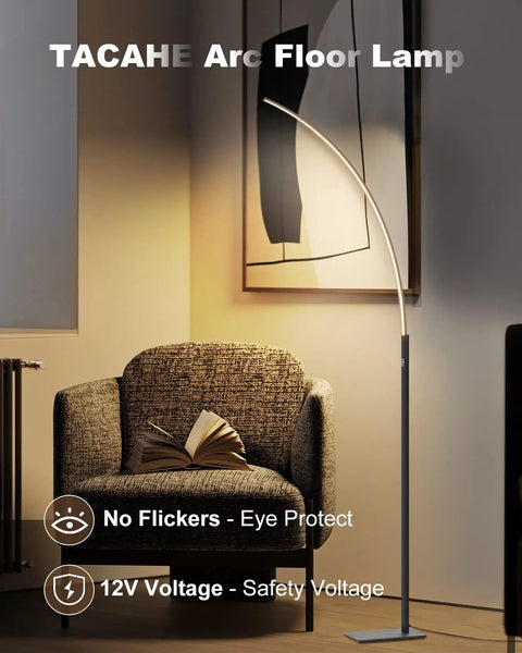 Arc Corner Floor Lamp With Curved LED Design And Touch Dimmer 3000K Warm White Glow in a cozy living room next to an armchair.