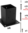4x4 Wood Fence Post Anchor Base Set 2mm Steel Black Powder Coated Includes Wood Screws and Concrete Anchors Fits Nominal 4x4 Posts Actual 3.5x3.5 4 Pack Heavy Duty Post Mount for Concrete Slabs or Wood Floors.