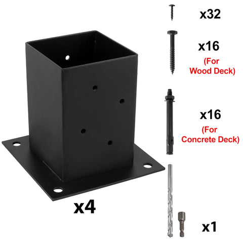 4x4 Wood Fence Post Anchor Base Set 2mm Steel Black Powder Coated Includes Wood Screws and Concrete Anchors Fits Nominal 4x4 Posts Actual 3.5x3.5 4 Pack Heavy Duty Post Mount for Concrete Slabs or Wood Floors.