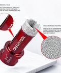 Close-up of diamond hole saw from Diamond Hole Saw Kit For Porcelain Ceramic Concrete Granite Marble Tiles With 6 8 10 20 35 50 75 100 mm Holes DIY Friendly Plus 50 mm Chamfer Bit 20 mm Finger Bit And Adapter In Aluminum Case For Fast Waterless Drilling, showing vacuum brazed technology and chip removal features.
