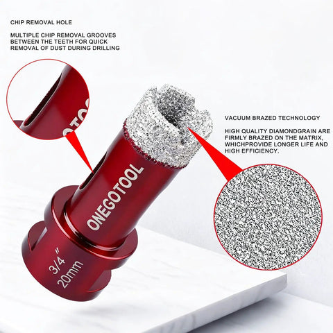 Close-up of diamond hole saw from Diamond Hole Saw Kit For Porcelain Ceramic Concrete Granite Marble Tiles With 6 8 10 20 35 50 75 100 mm Holes DIY Friendly Plus 50 mm Chamfer Bit 20 mm Finger Bit And Adapter In Aluminum Case For Fast Waterless Drilling, showing vacuum brazed technology and chip removal features.