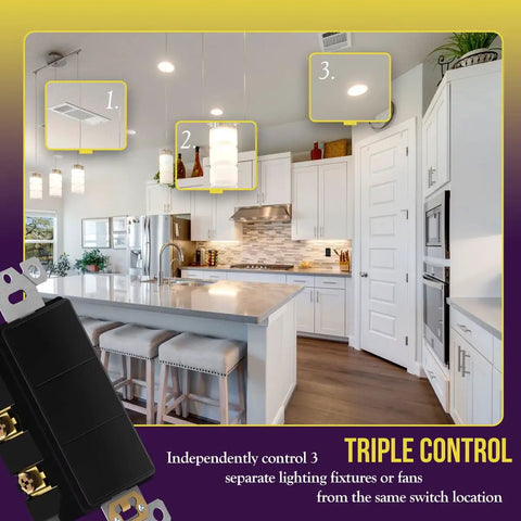 Black Triple Paddle Decorator Light Switch Single Pole 15A Residential Grade That Lets You Run Three Lights From One Location Shallow Body Fits Standard Junction Boxes Durable Polycarbonate Thermoplastic Construction in kitchen lighting scene