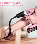 Lightweight 20V Cordless Drill Set For Home DIY And Beginner Projects With Battery Charger 22 Bits Variable Speed Three Eighth Inch Keyless Chuck Pink For Furniture Assembly being used to drill a wooden surface with a flexible shaft attachment.