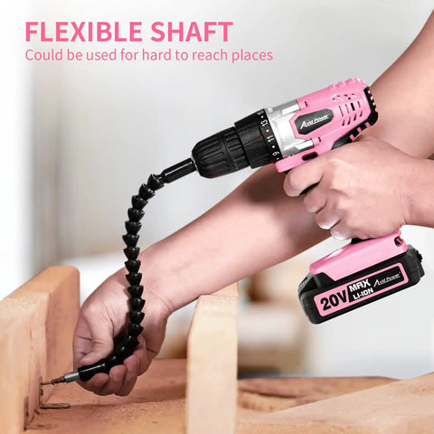 Lightweight 20V Cordless Drill Set For Home DIY And Beginner Projects With Battery Charger 22 Bits Variable Speed Three Eighth Inch Keyless Chuck Pink For Furniture Assembly being used to drill a wooden surface with a flexible shaft attachment.