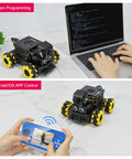 Yahboom Raspberry Pi 5 AI Vision Robot toy with 360° mecanum wheels; black chassis, yellow wheels.